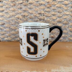 Anthropologie Coffee Mug Monogram Letter S Gold & Black Bistro Tile Honeycomb